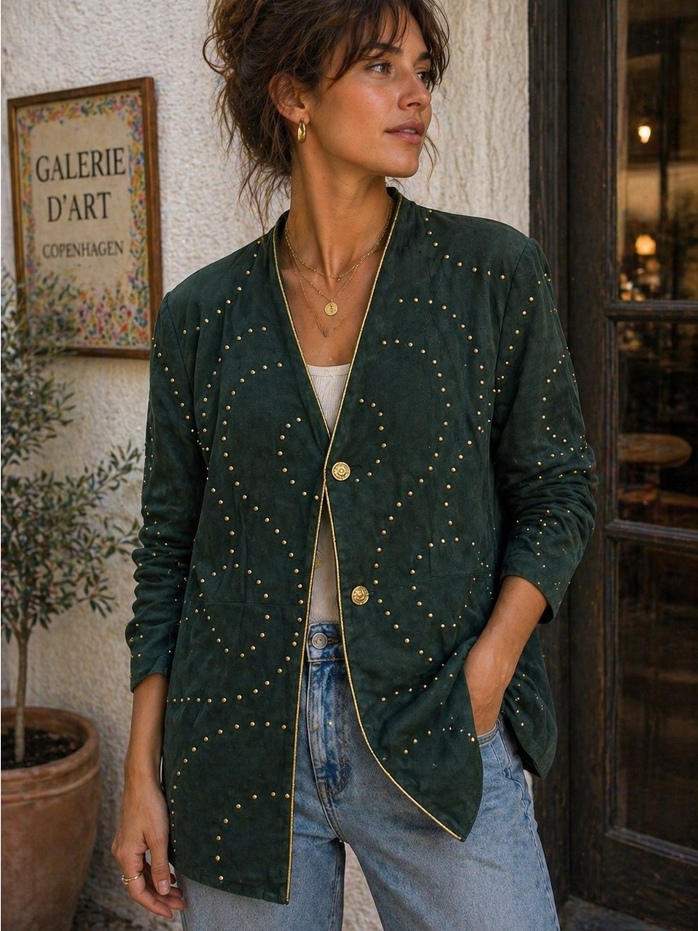 Atlantic Beach Vintage Green‎ Studded Leather Jacket Womens 16 Gold Trim 90s